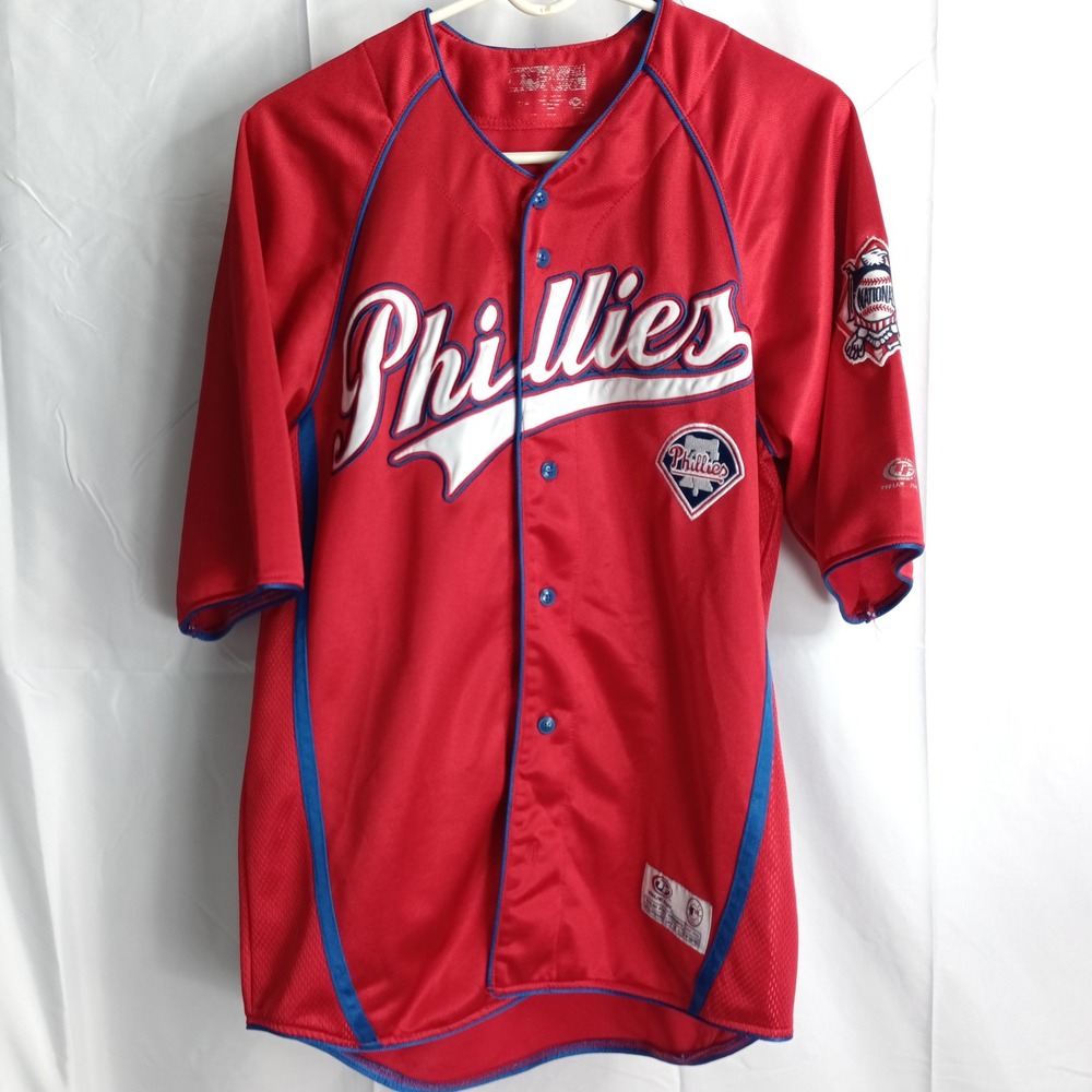 True Fan Philadelphia Phillies MLB Jersey Mens Medium Red Button Front Diamond